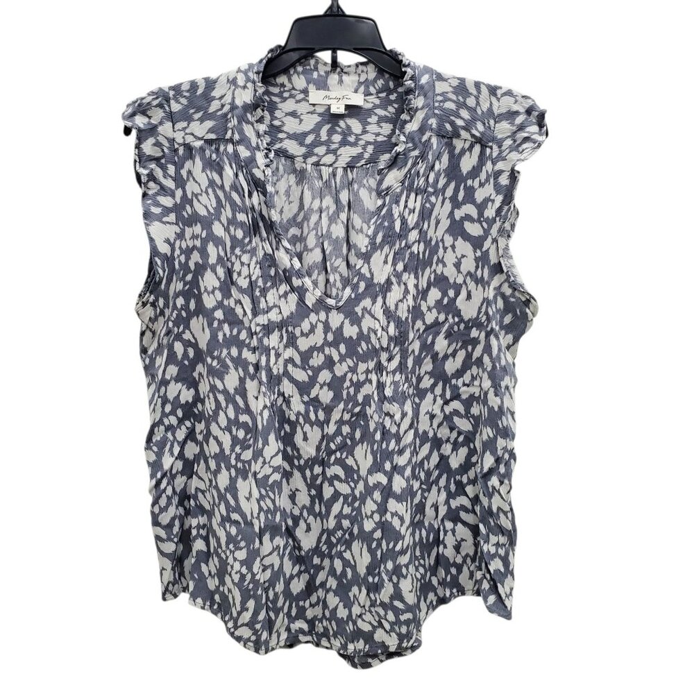 Monday Fun Women's Gray White Animal Print Casual Flutter Sleeve V-Neck Top Sz M